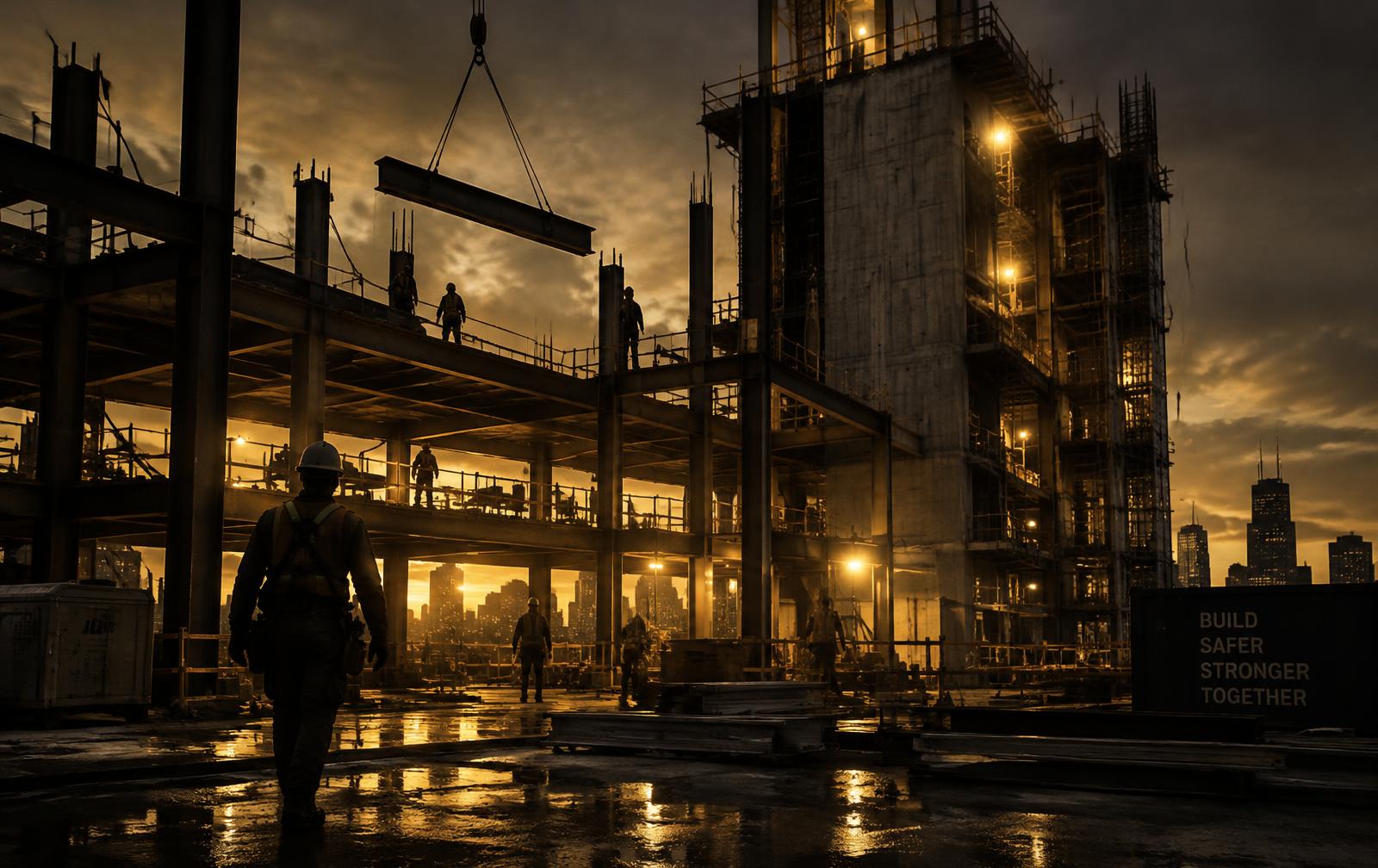 Nateras Construction Corp. crew on a commercial jobsite at dusk